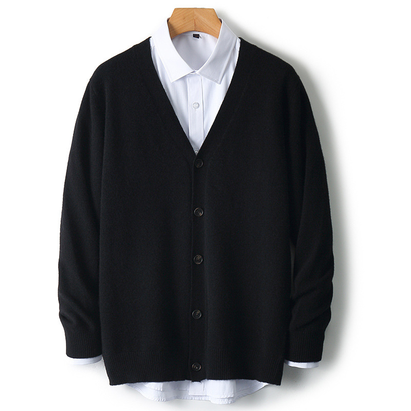 Men's Wool V-Neck Loose Casual Single-Breasted Long-Sleeved Sweater