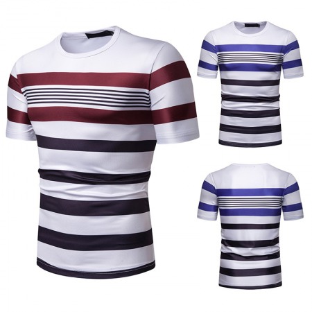 Men's Short-Sleeved T-Shirt Contrast Striped Slim Casual T-Shirt