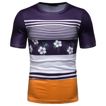 New Summer Men's Short-Sleeved T-Shirt Contrast Striped Slim Casual T-Shirt