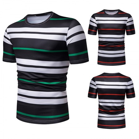 New Summer Men's Short-Sleeved T-Shirt Contrast Striped Slim Casual T-Shirt
